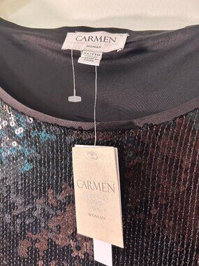 NWT Carmen Marc Valvo Woman 2X Black Sequin Top Plus Size Party Blouse
